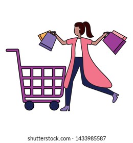 woman cart and shopping bags commerce vector illustration