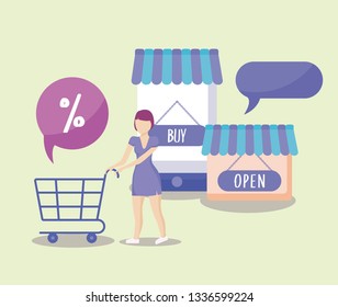 woman with cart shopping and set icon