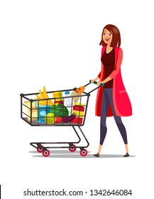 Woman with cart in supermarket vector illustration. Trolley full of healthy food flat clipart. Cartoon character grocery shopping in mall isolated design element. Consumer buying goods. Dairy product