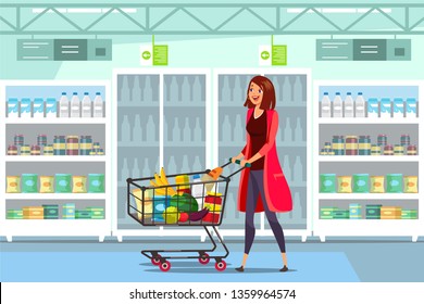 Woman with cart in supermarket vector illustration. Trolley full of healthy food flat clipart. Cartoon character grocery shopping in mall isolated design element. Consumer buying goods. Dairy product