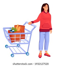Woman with cart in supermarket vector illustration. Trolley full of healthy food flat clipart. Cartoon character grocery shopping in mall isolated design element. Consumer buying goods. Dairy product