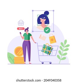 Woman with cart using technology face recognition for payment. Client shopping with biometric. Concept of face payment, facial recognition, customer identification. Vector illustration in flat design