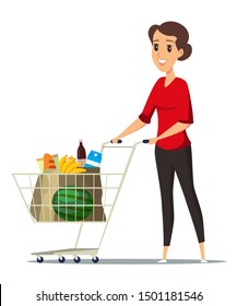Woman with cart vector illustration. Trolley full of healthy food flat clipart. Cartoon character grocery shopping in mall isolated design element. Consumer buying goods. Dairy product
