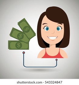 woman cartoon bag money dollar