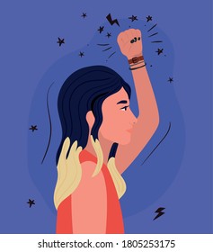 woman cartoon with black hair and fist up in side view design, Manifestation protest and demonstration theme Vector illustration