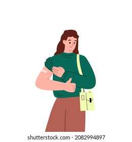 Woman cartoon character after vaccination or injection, flat vector illustration isolated on white background. Immunization and Covid-19 vaccination campaign.