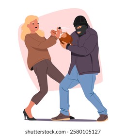 Woman cartoon character applying gas canisters spray for self-defense against man robber on urban street vector illustration. Female attacking bandit preventing violence and protecting herself