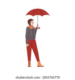 Woman cartoon character in autumn warm clothes holding umbrella, flat vector illustration isolated on white background. Personage for autumn season topic.