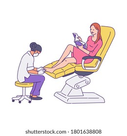 Woman cartoon character in beauty spa salon doing pedicure, sketch vector illustration isolated on white background. Professional nail treatment and body care procedure.