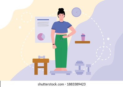 Woman cartoon character checking her weight loss results on scales, flat vector illustration. Banner background for nutritionist or dietician service.