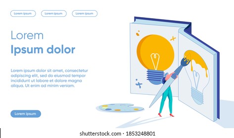 Caricatura de la mujer creando y desarrollando nueva idea original o plan comercial. Asistencia para la iniciativa empresarial creativa, asesoramiento y apoyo a la iniciativa empresarial. Ilustración de vectores planos.