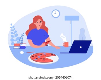 Woman cartoon character eating pizza working on computer. Busy girl studying online on laptop having Italian fast food at home. Delivery service concept. Flat vector illustration.