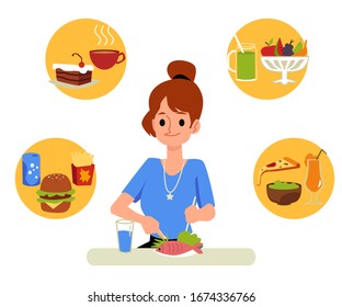 Woman cartoon character enjoying meal surrounded with healthy and junk food icons, flat vector illustration isolated on white background. Dieting and nutrition concept.