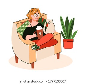 Woman Cartoon Character Enjoying Morning Coffee Sitting In Comfy Chair, Flat Vector Illustration Isolated On White Background. Coffee Lover Female Personage.