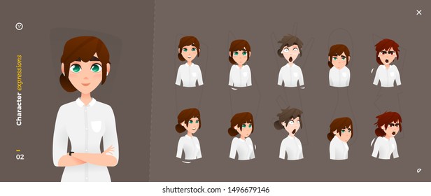 Woman Cartoon Character Expressions. Face Emotional. 