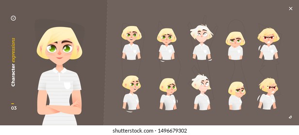 Woman Cartoon Character Expressions. Face Emotional. 