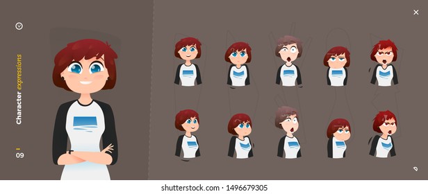 Woman Cartoon Character Expressions. Face Emotional. 