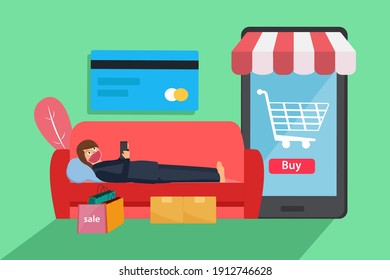 Woman cartoon character in face mask lying on the sofa while online shopping on the mobile phone and paying with a credit card