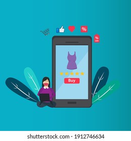Woman cartoon character in face mask online shopping and buying clothes on mobile phone with five star rating. Vector concept