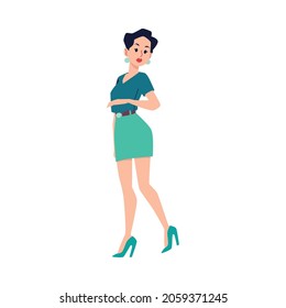 Woman cartoon character in fashion clothing and heeled shoes, flat vector illustration isolated on white background. Fashionable woman admires her outfit.