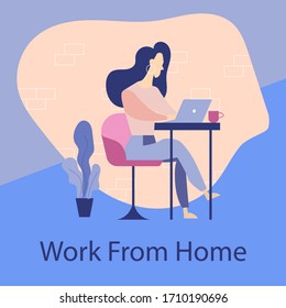 woman cartoon character flat vector illustration with laptop, work from home or work at home concept, dua to pandemic covid19. 