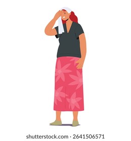 Woman cartoon character frowning forehead suffering from terrible headache putting wet cool towel on head to relieve pain standing isolated on white background. Menopause symptom vector illustration