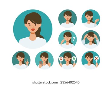 Woman cartoon character head collection set. People face profiles avatars and icons. Close up image of smiling Woman. Vector flat illustration.
