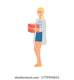 Woman cartoon character holding prize box, flat vector illustration isolated on white background. Lottery winner with award - gambling games and casino concept.