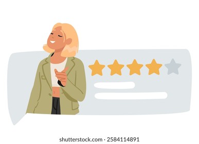 Woman cartoon character leaving comment and giving opinion star rating to service, mobile app or product vector illustration. User experience review and critical quality control claim speech bubble