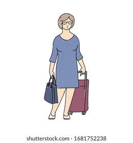 Woman cartoon character with luggage waiting for transport arrival, sketch vector illustration isolated on white background. Tourism and traveling passengers transportation.