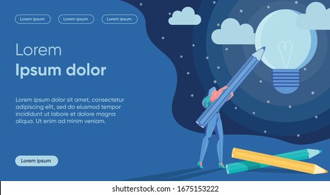 Woman Cartoon Character Making Dream and Idea Come True on Starry Night Background. Self-realization and Business Venture Start for Young Entrepreneurs and Undertakers. Flat Vector Illustration.