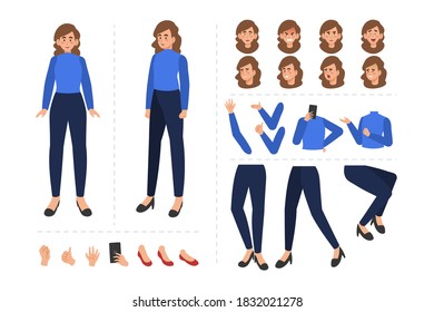 Woman cartoon character for motion design with facial expressions, hand gestures, body and leg movement