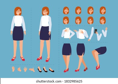 Woman cartoon character for motion design with facial expressions, hand gestures, body and leg movement