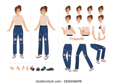 Woman cartoon character for motion design with facial expressions, hand gestures, body and leg movement