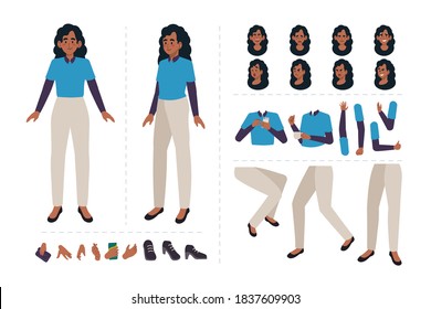 Woman cartoon character for motion design with facial expressions, hand gestures, body and leg movement
