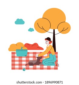 Woman cartoon character on picnic with pet dog, flat vector illustration in sketch style isolated on white background. Loving careful owner of domestic animal.