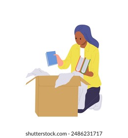 Woman cartoon character packing paper books using safety bubble wrapping film isolated on white