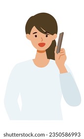 Woman cartoon character. People face profiles avatars and icons. Close up image of Woman using smartphone. Vector flat illustration.