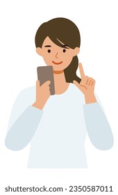 Woman cartoon character. People face profiles avatars and icons. Close up image of Woman using smartphone. Vector flat illustration.
