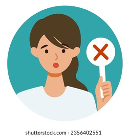 Woman cartoon character. People face profiles avatars and icons. Close up image of Woman having warning expression . Vector flat illustration.