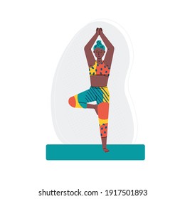 Woman cartoon character practicing yoga and standing in asana pose, flat vector illustration isolated on white background. Women sports and wellness concept.