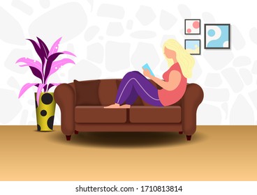 Woman in cartoon character relax and reading book on big sofa and in a modern room. Stay at home in covid-19 situation concept in vector design.