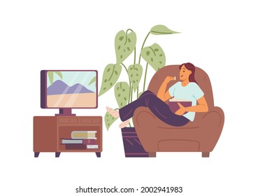 Woman cartoon character resting behind TV at home, flat vector illustration isolated on white background. Young woman in chair watching TV and eating snacks.