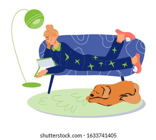 Woman cartoon character resting at home on couch with book. Cute girl in pijama laying on couch and enjoying leisure and recreation, spare time. Flat vector illustration isolated.