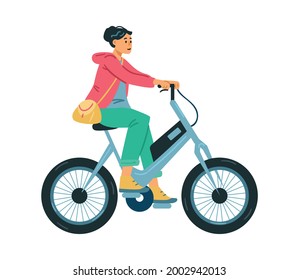 Woman cartoon character riding electric bicycle. Eco alternative environmentally friendly city transport concept, flat vector illustration isolated on white background.