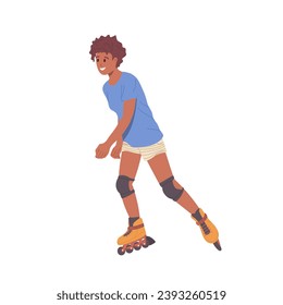 Woman cartoon character rollerblading wearing casual clothing, safety shoes and protective knee pads