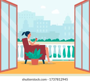 Woman cartoon character sitting on balcony or open outdoor terrace, flat vector illustration. Free workplace or resting premises of modern apartment or hotel.