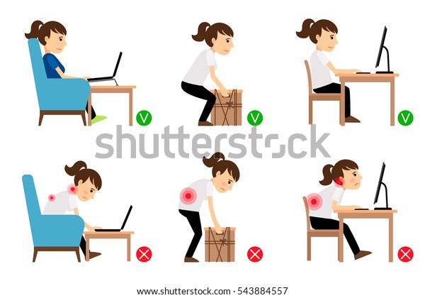 正しい姿勢と間違った姿勢で座って働く女性の漫画のキャラクター ベクターイラスト のベクター画像素材 ロイヤリティフリー