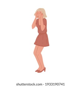 Woman cartoon character standing with hands to cheeks as a sign of unexpected surprise and wondering, flat vector illustration isolated on white background.