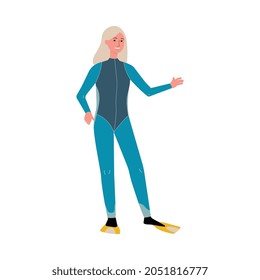 Woman cartoon character standing in waterproof aqua costume for scuba diving or extreme water sport, flat vector illustration isolated on white background.